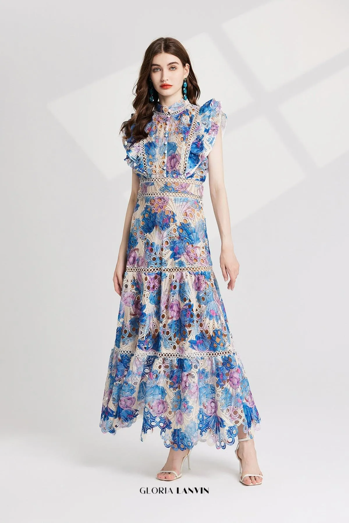 chloe hollow out flower embroidery maxi dress in blue Gloria Lanvin