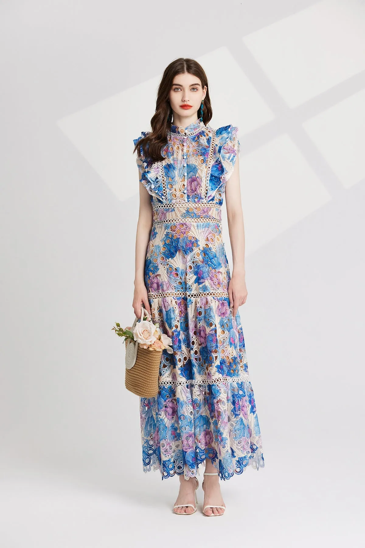 chloe hollow out flower embroidery maxi dress in blue Gloria Lanvin