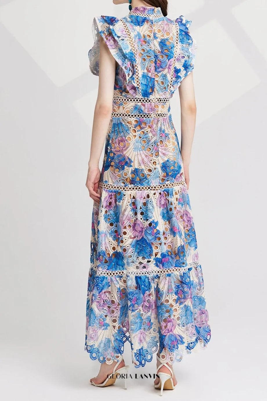 chloe hollow out flower embroidery maxi dress in blue Gloria Lanvin