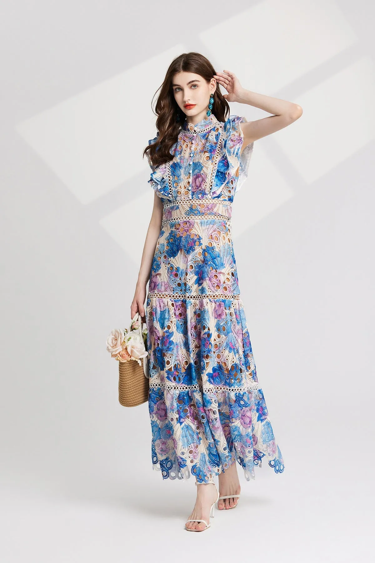 chloe hollow out flower embroidery maxi dress in blue Gloria Lanvin