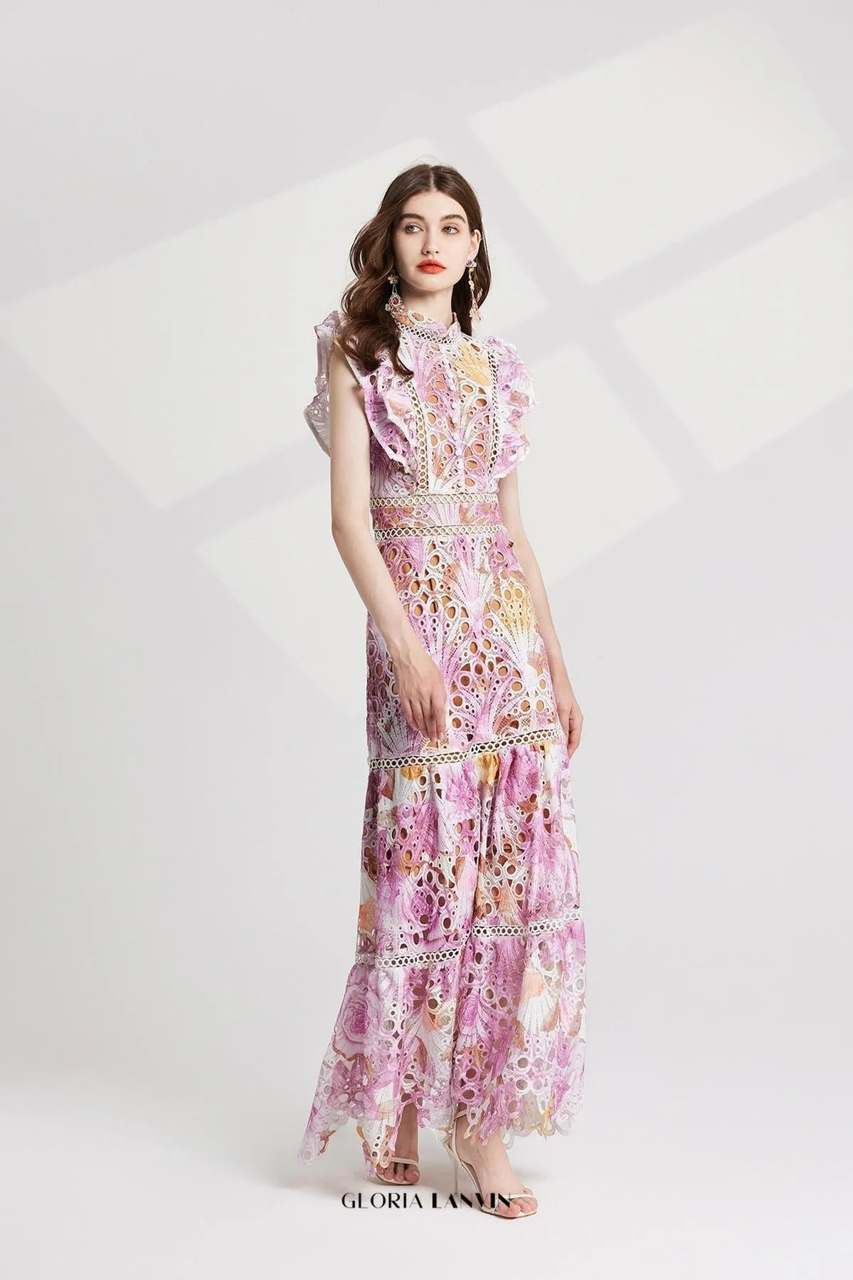 chloe hollow out flower embroidery maxi dress in pink purple Gloria Lanvin