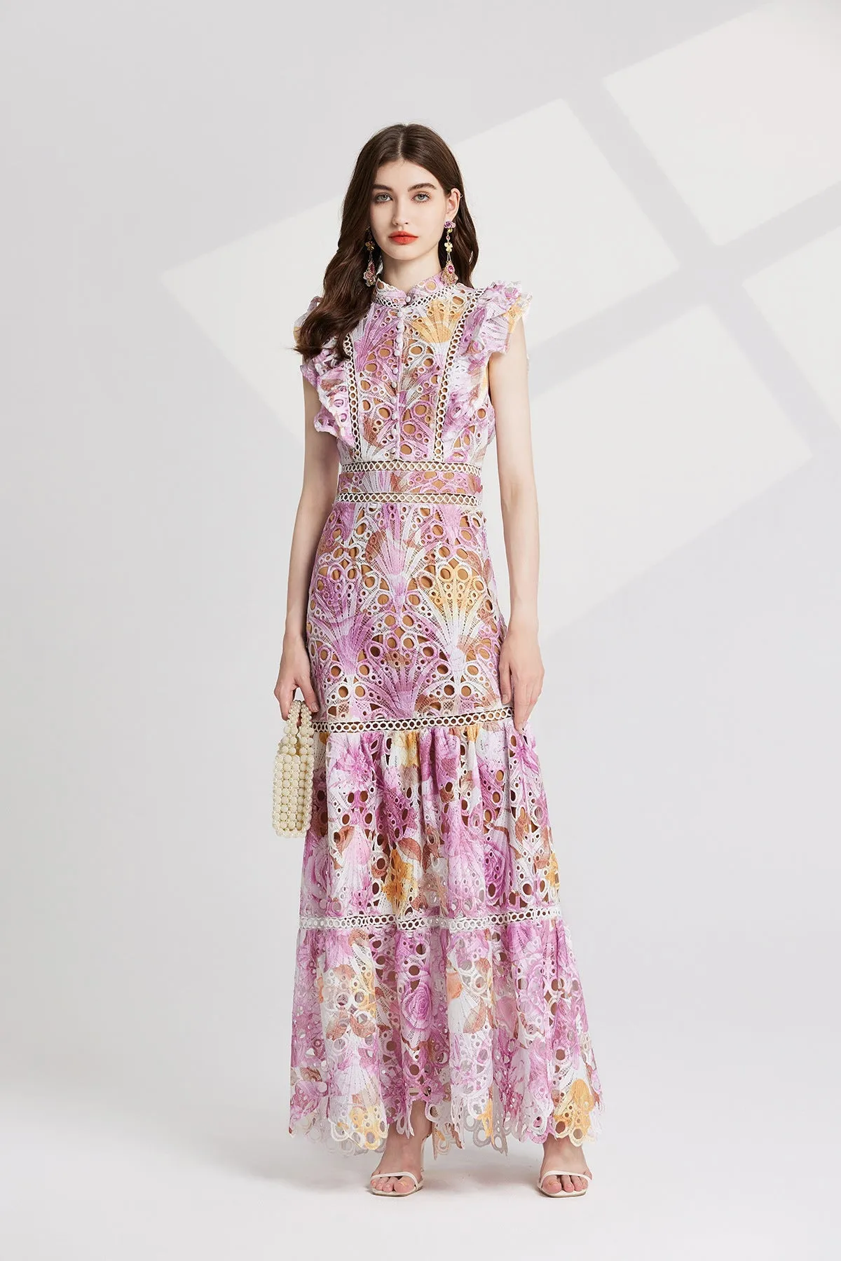 chloe hollow out flower embroidery maxi dress in pink purple Gloria Lanvin