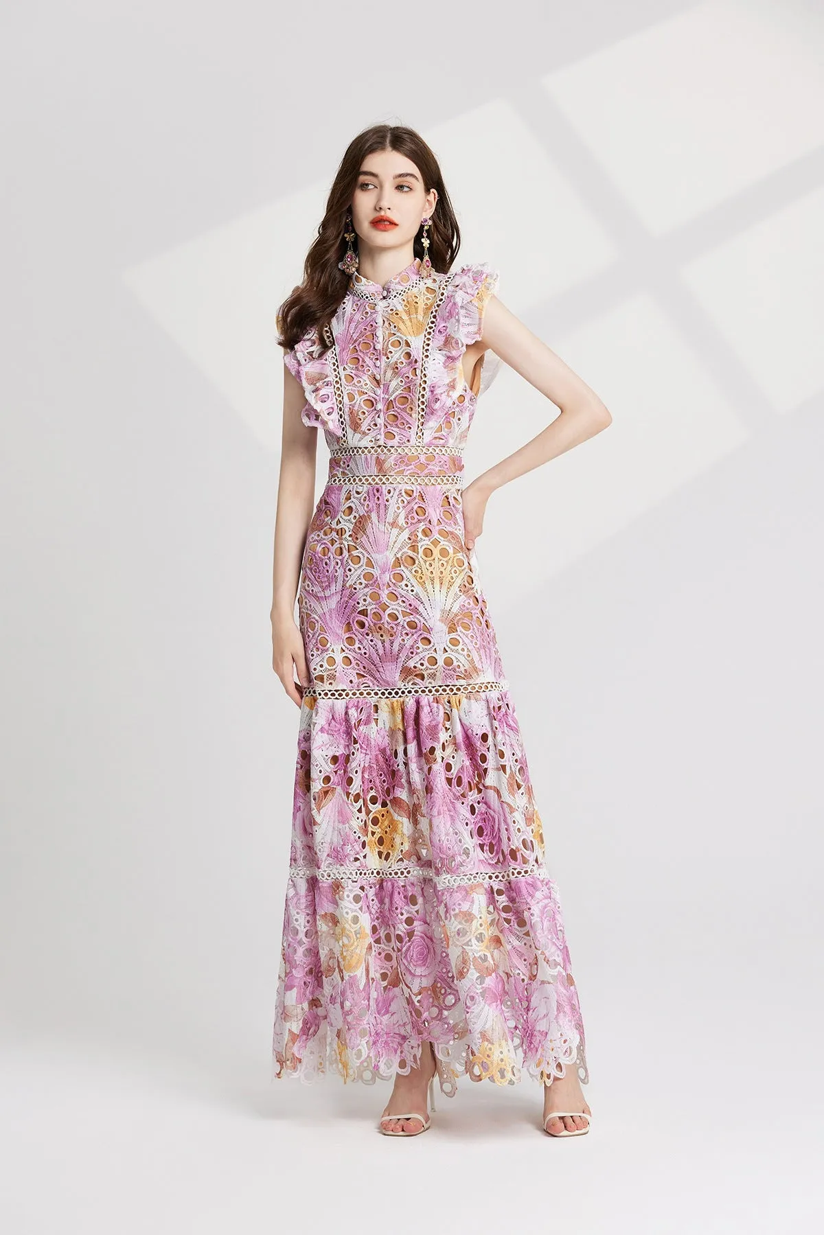 chloe hollow out flower embroidery maxi dress in pink purple Gloria Lanvin