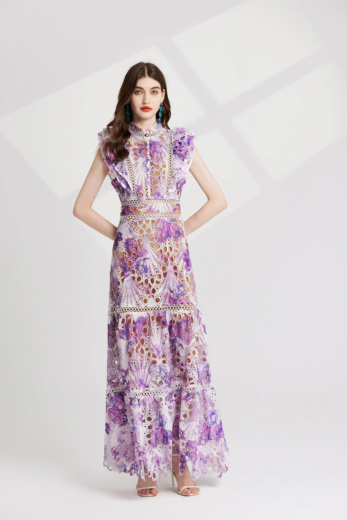 chloe hollow out flower embroidery maxi dress in purple Gloria Lanvin