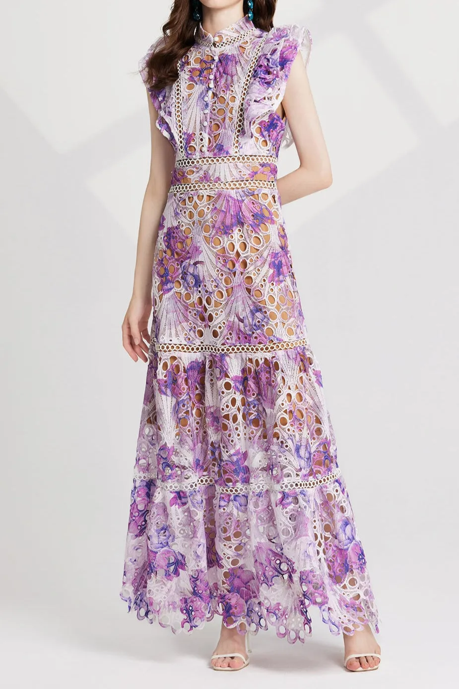 chloe hollow out flower embroidery maxi dress in purple Gloria Lanvin