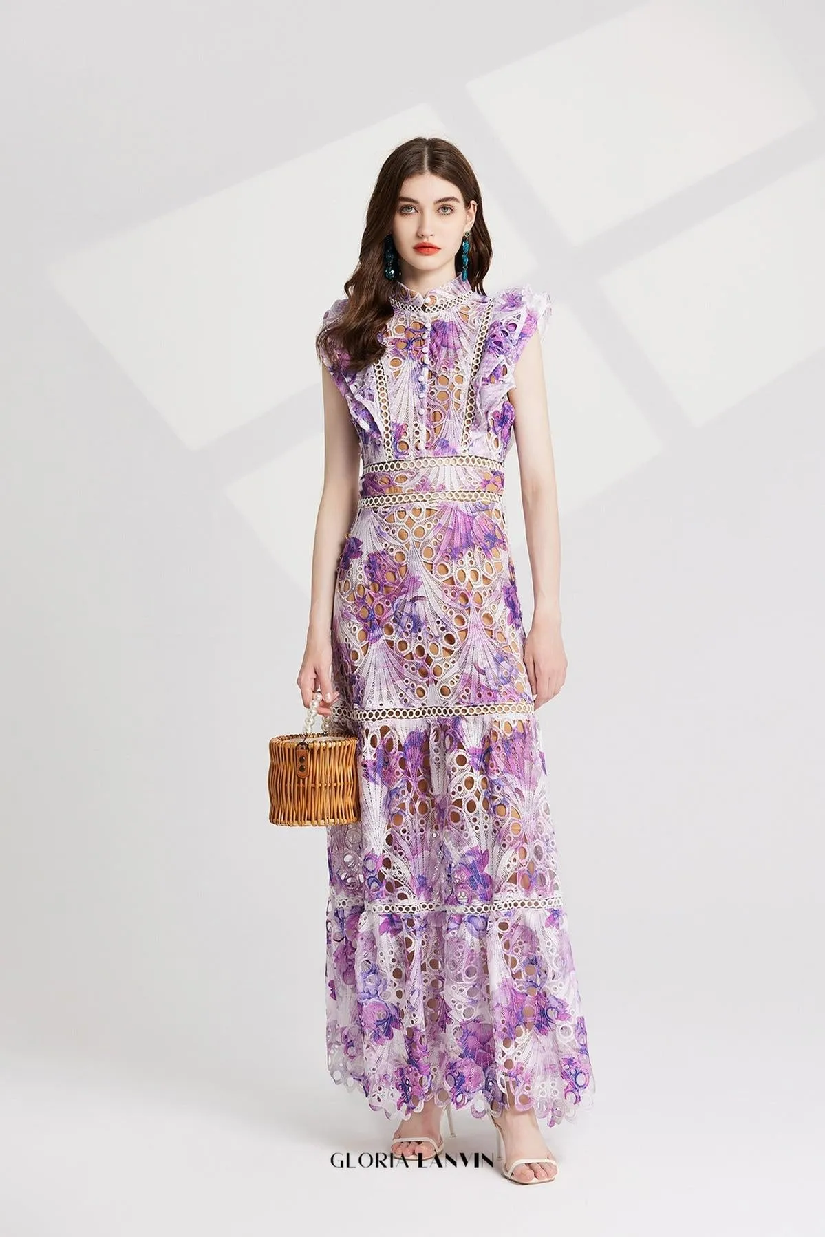 chloe hollow out flower embroidery maxi dress in purple Gloria Lanvin