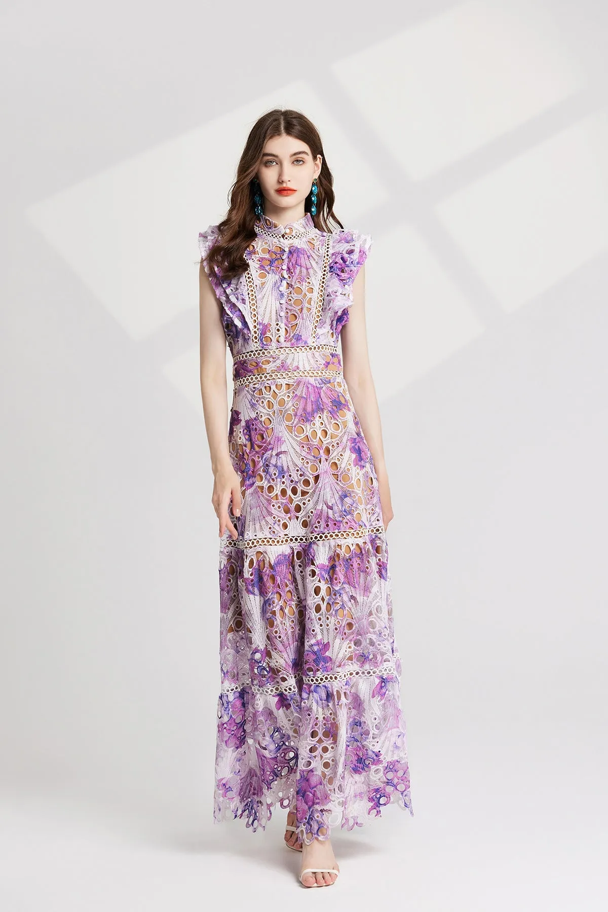 chloe hollow out flower embroidery maxi dress in purple Gloria Lanvin