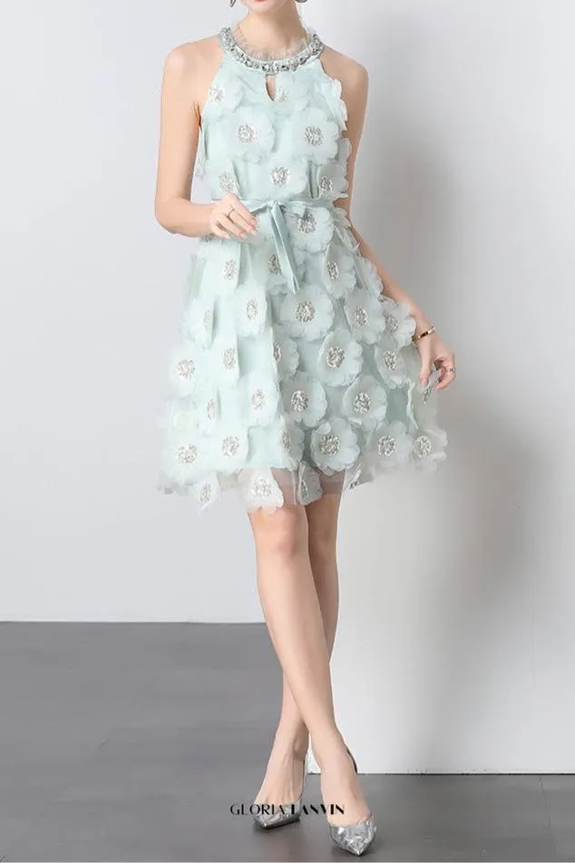 chloe rhinestone 3d flower mini dress in mint Gloria Lanvin