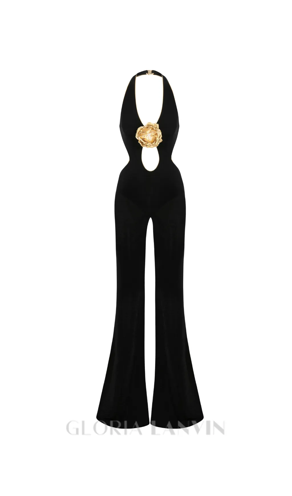 CHRISTINE BLACK JUMPSUIT WITH GOLD FLOWER DETAILS Gloria Lanvin