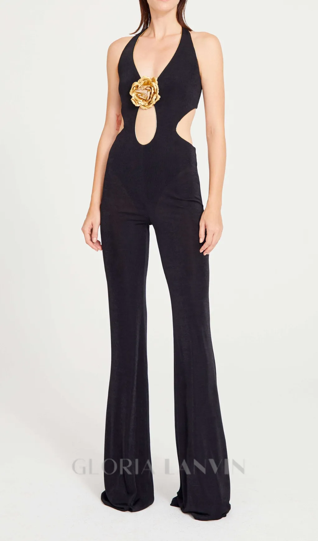 CHRISTINE BLACK JUMPSUIT WITH GOLD FLOWER DETAILS Gloria Lanvin