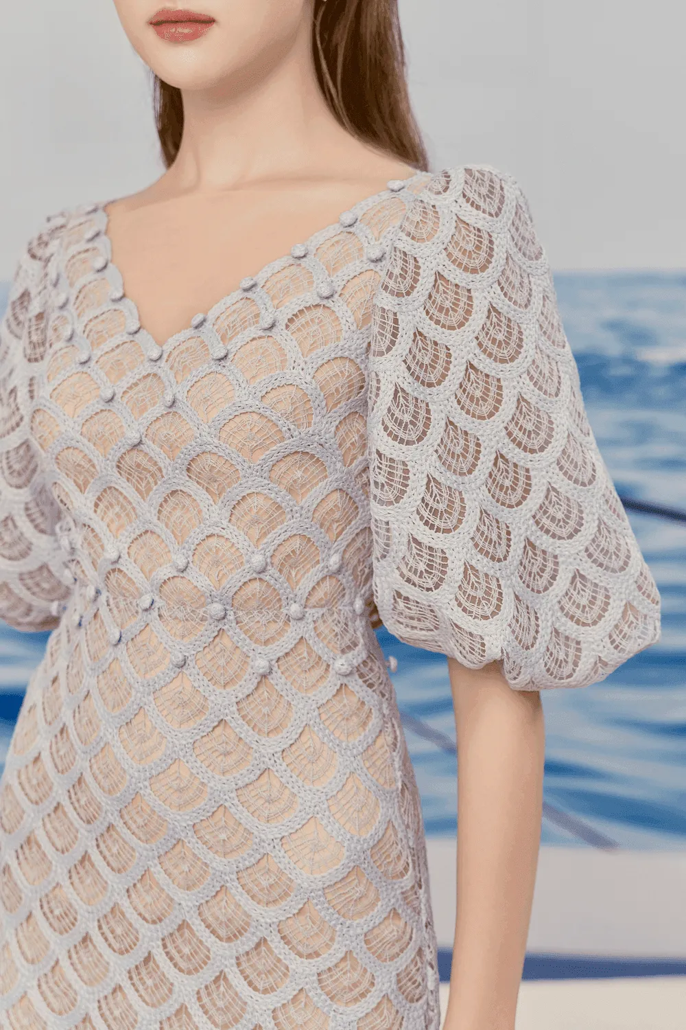 Ciara Trumpet Bishop Sleeved Lace Midi Dress Gloria Lanvin