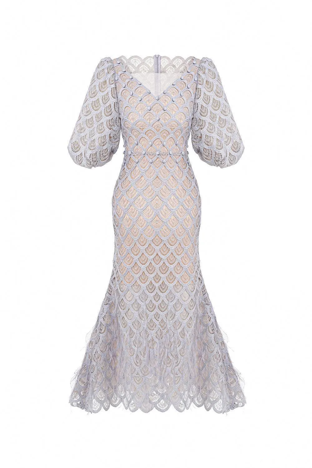 Ciara Trumpet Bishop Sleeved Lace Midi Dress Gloria Lanvin
