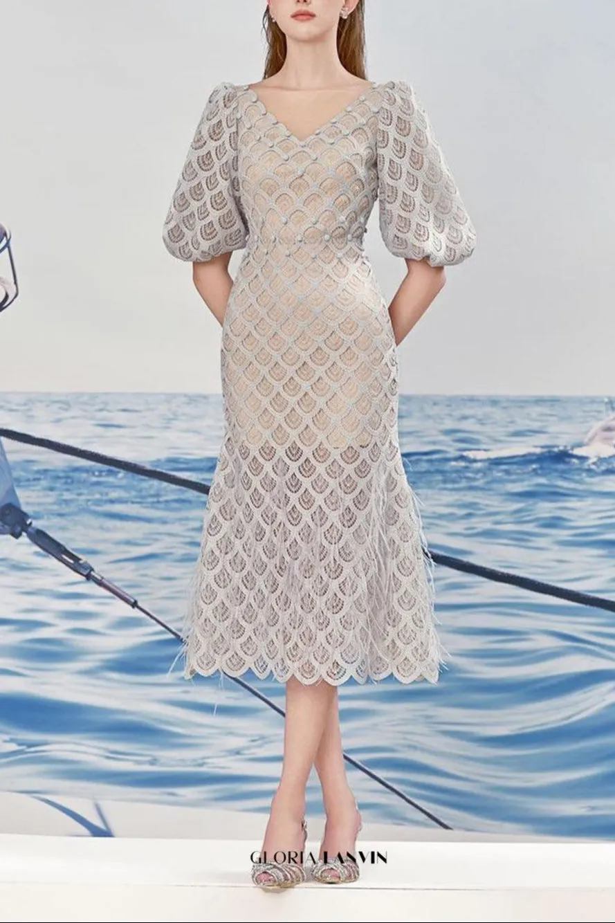 Ciara Trumpet Bishop Sleeved Lace Midi Dress Gloria Lanvin