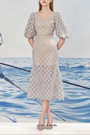 Ciara Trumpet Bishop Sleeved Lace Midi Dress Gloria Lanvin