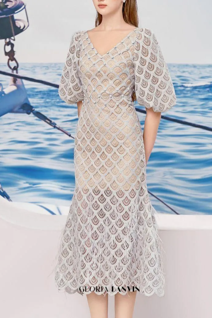 Ciara Trumpet Bishop Sleeved Lace Midi Dress Gloria Lanvin