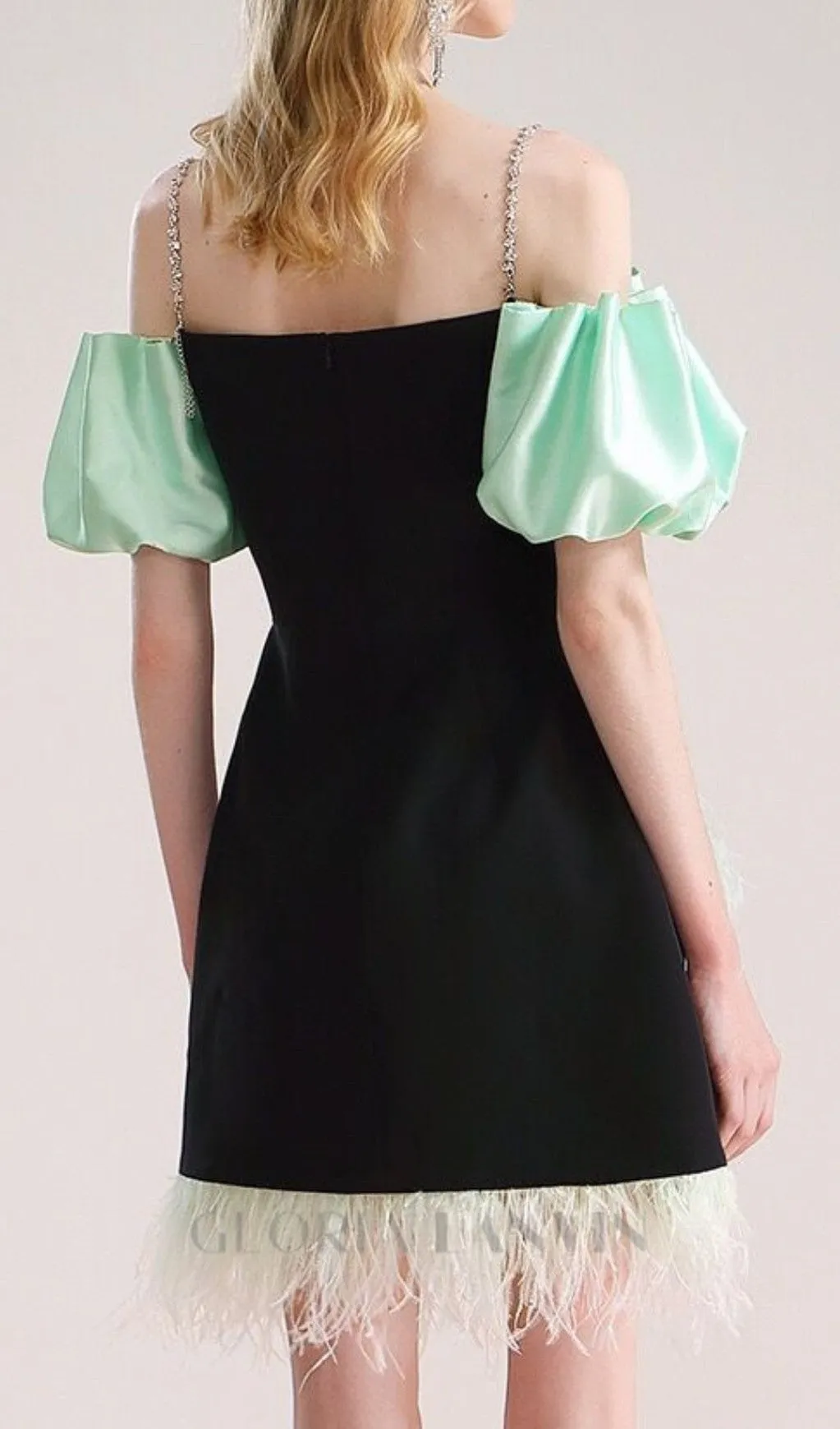 CIELO BLACK OFF-SHOULDER FEATHER MINI DRESS Gloria Lanvin