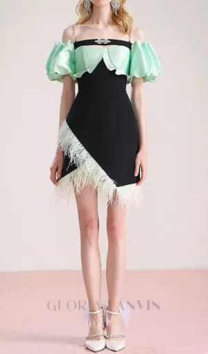 CIELO BLACK OFF-SHOULDER FEATHER MINI DRESS Gloria Lanvin