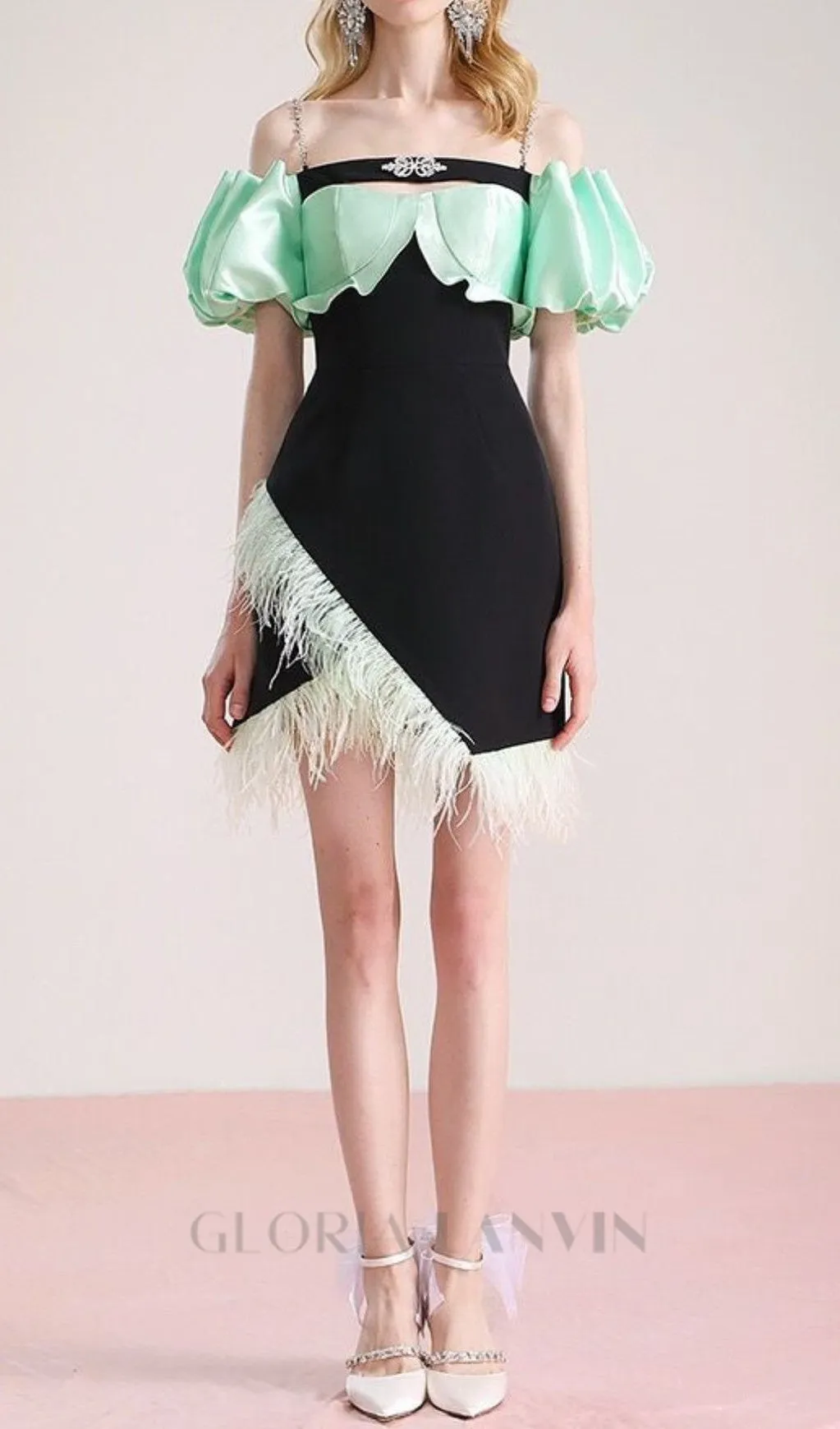 CIELO BLACK OFF-SHOULDER FEATHER MINI DRESS Gloria Lanvin