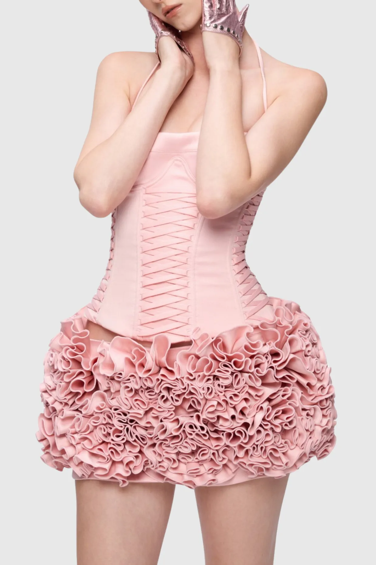 Cindia Floral Lace Up Corset Two Piece Set in Pink Gloria Lanvin