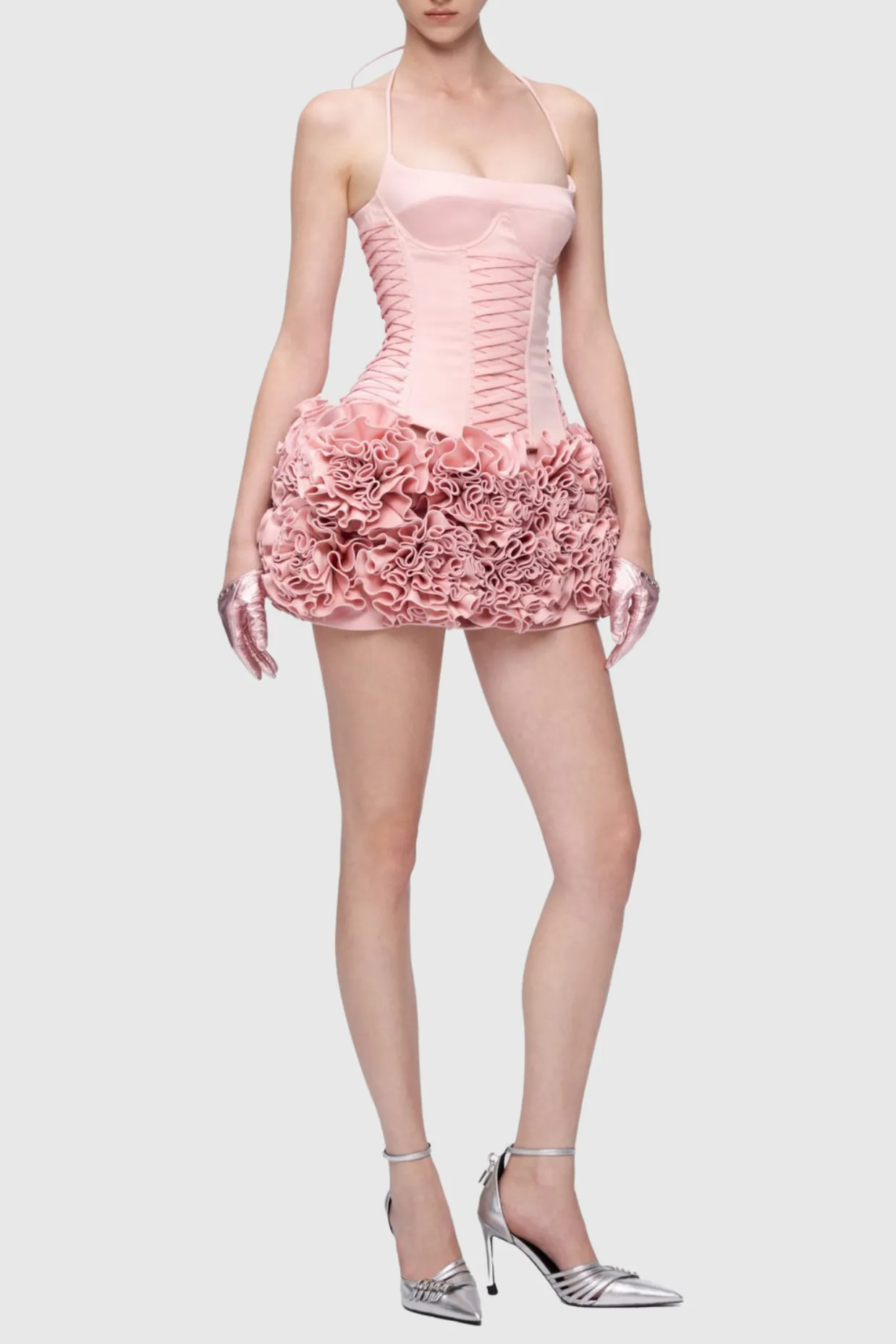 Cindia Floral Lace Up Corset Two Piece Set in Pink Gloria Lanvin