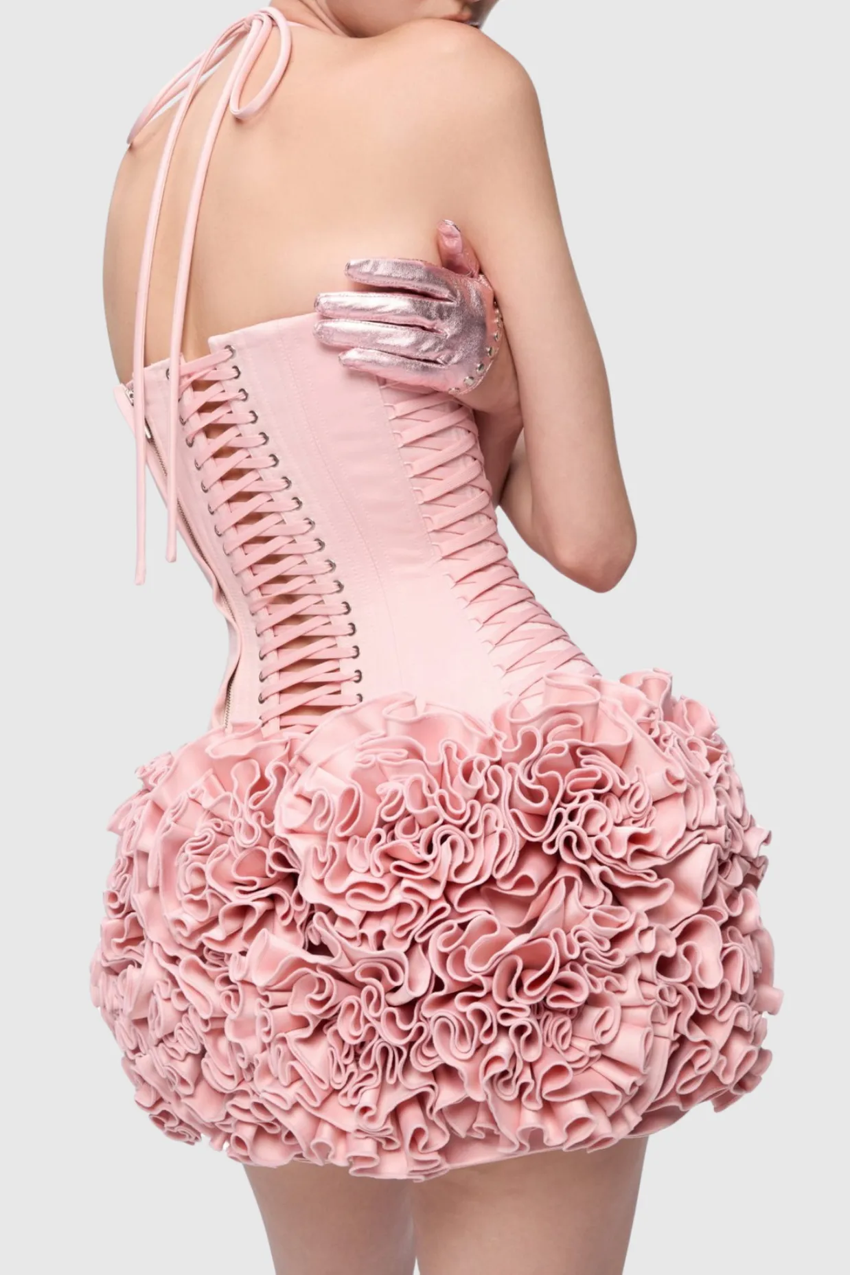Cindia Floral Lace Up Corset Two Piece Set in Pink Gloria Lanvin