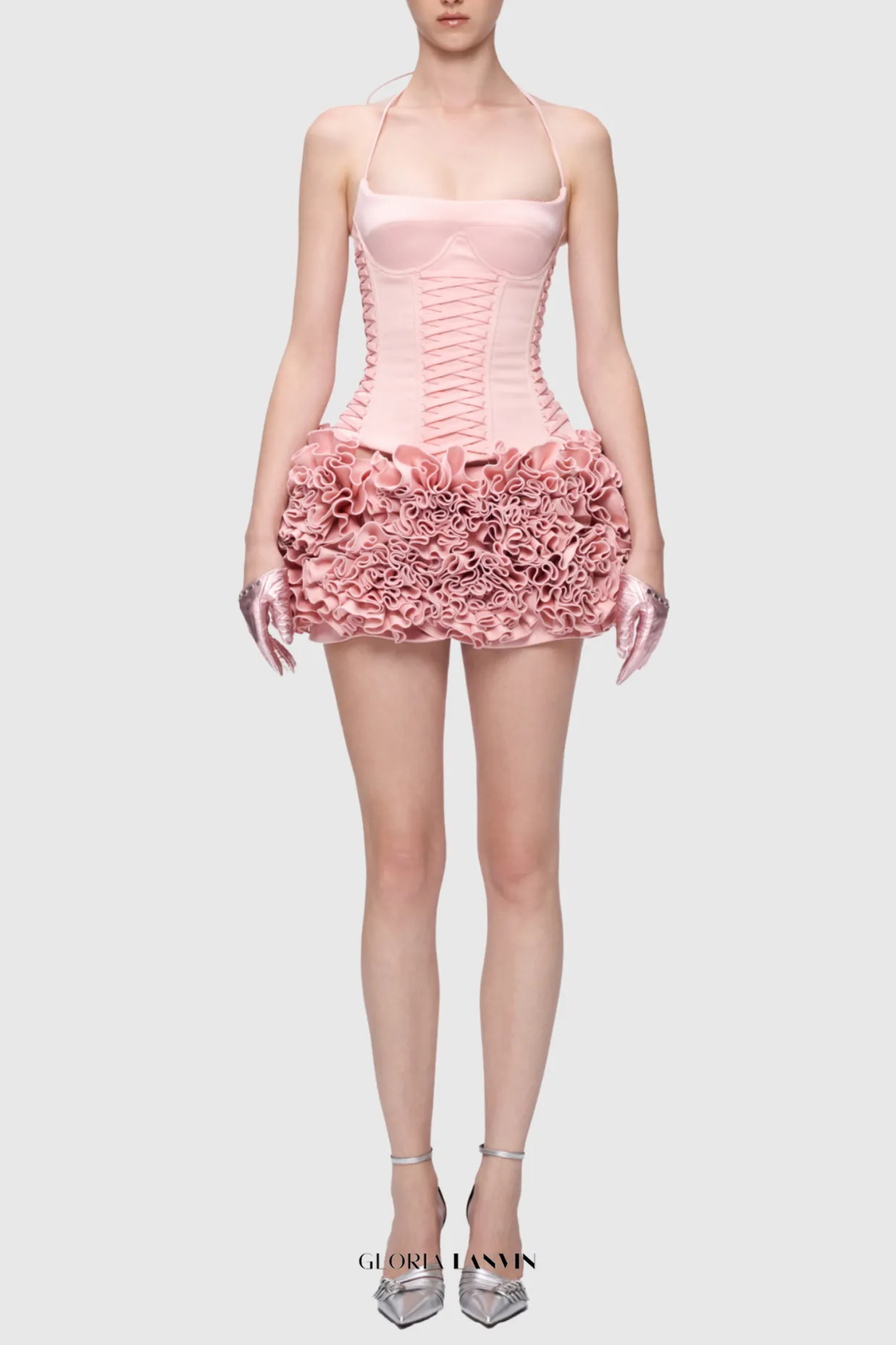 Cindia Floral Lace Up Corset Two Piece Set in Pink Gloria Lanvin
