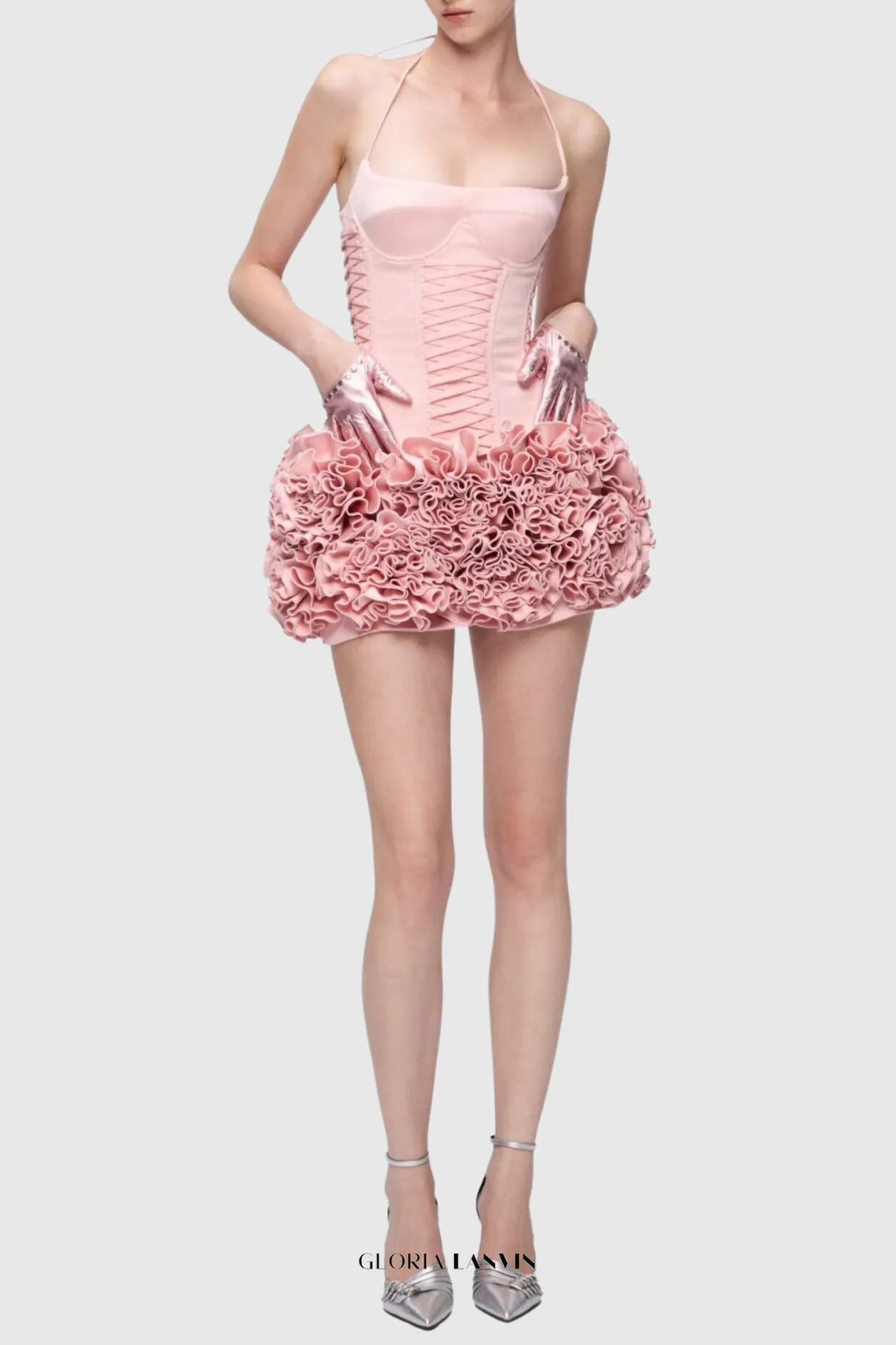 Cindia Floral Lace Up Corset Two Piece Set in Pink Gloria Lanvin