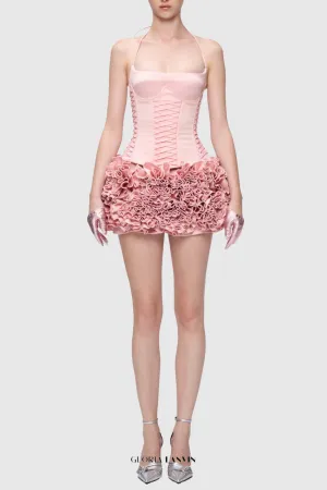 Cindia Floral Lace Up Corset Two Piece Set in Pink Gloria Lanvin