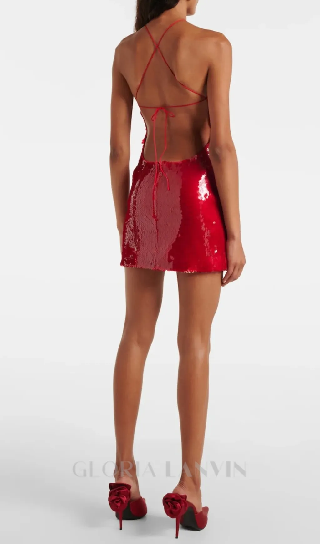 Cinwa Floral Appliqu Halter Sequin Mini Dress in Red Gloria Lanvin