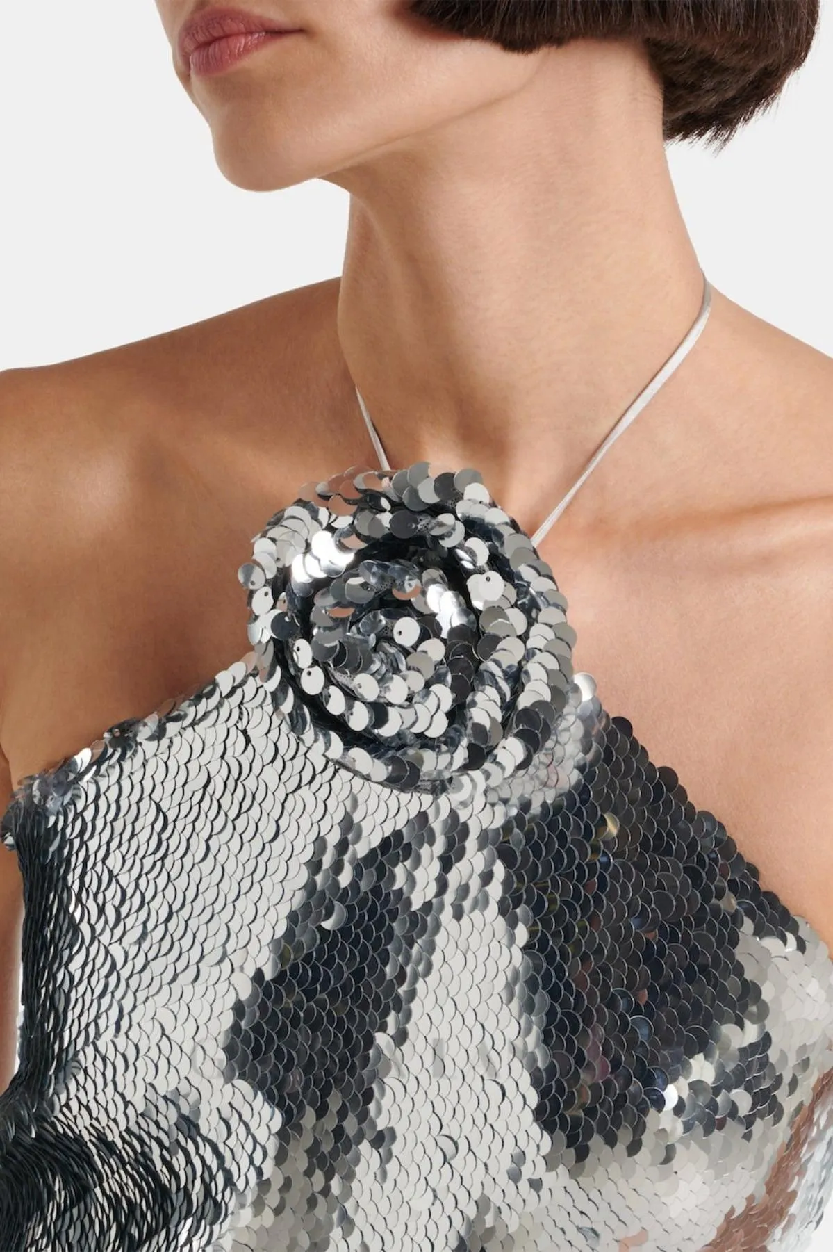 Cinwa Floral Appliqu Halter Sequin Mini Dress - Silver Gloria Lanvin