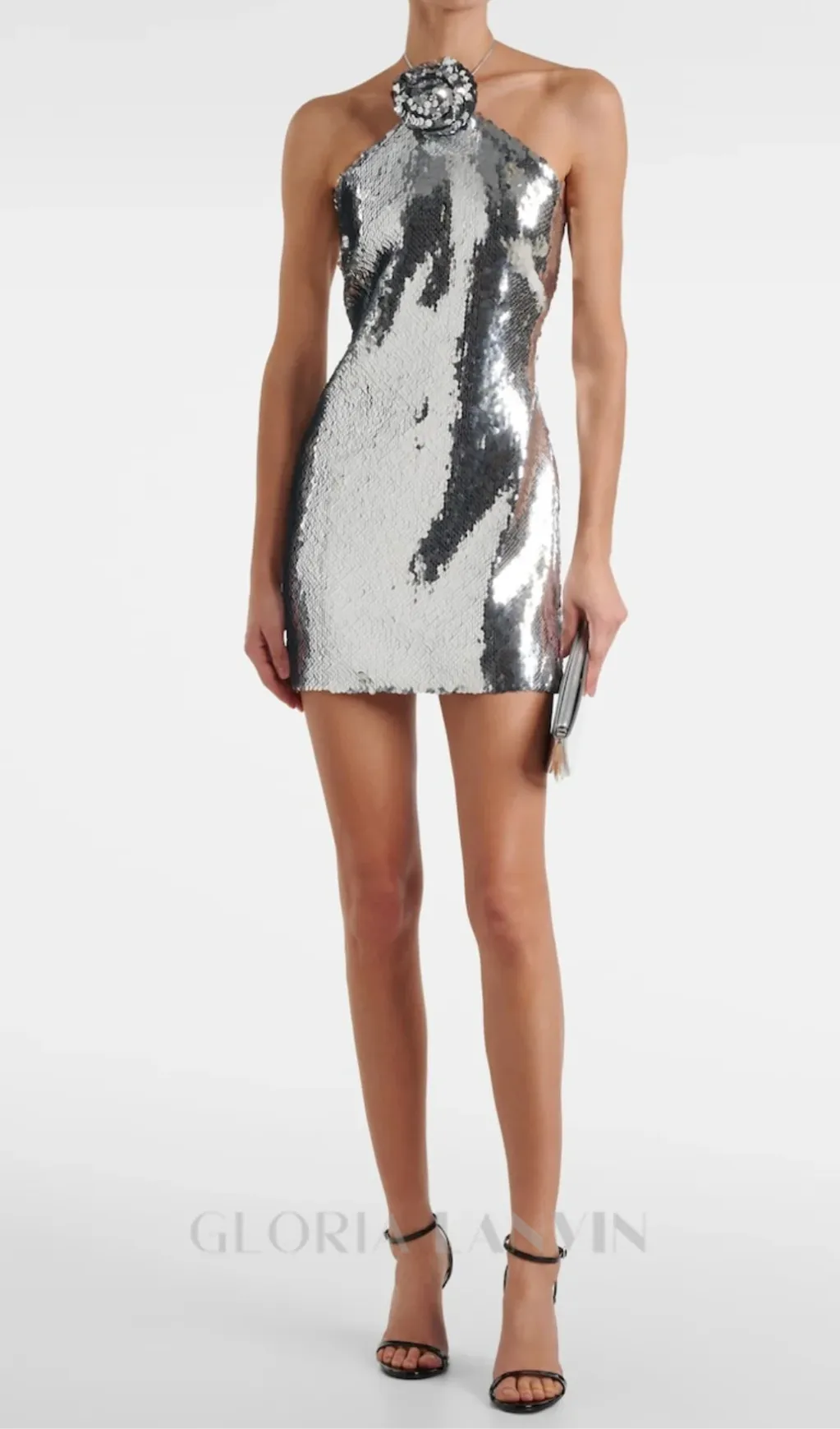 Cinwa Floral Appliqu Halter Sequin Mini Dress - Silver Gloria Lanvin