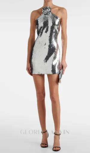 Cinwa Floral Appliqu Halter Sequin Mini Dress - Silver Gloria Lanvin