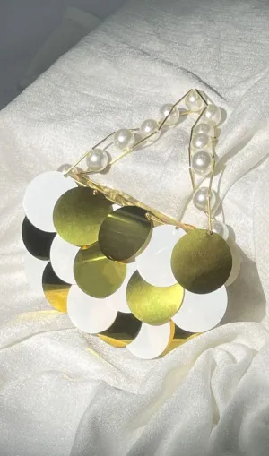 CIRCLE EMBELLISHED PEARL CHAIN CLUTCH Gloria Lanvin