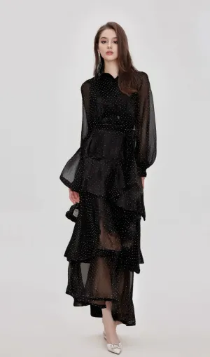 Clmence black polka-dot tiered midi dress Gloria Lanvin