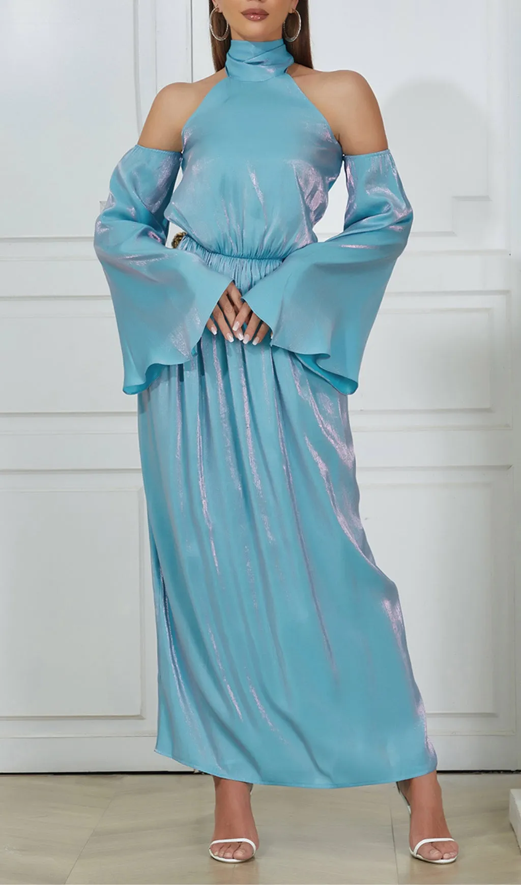 COLD SHOULDER RUMPET SLEEVE MIDI DRESS Gloria Lanvin