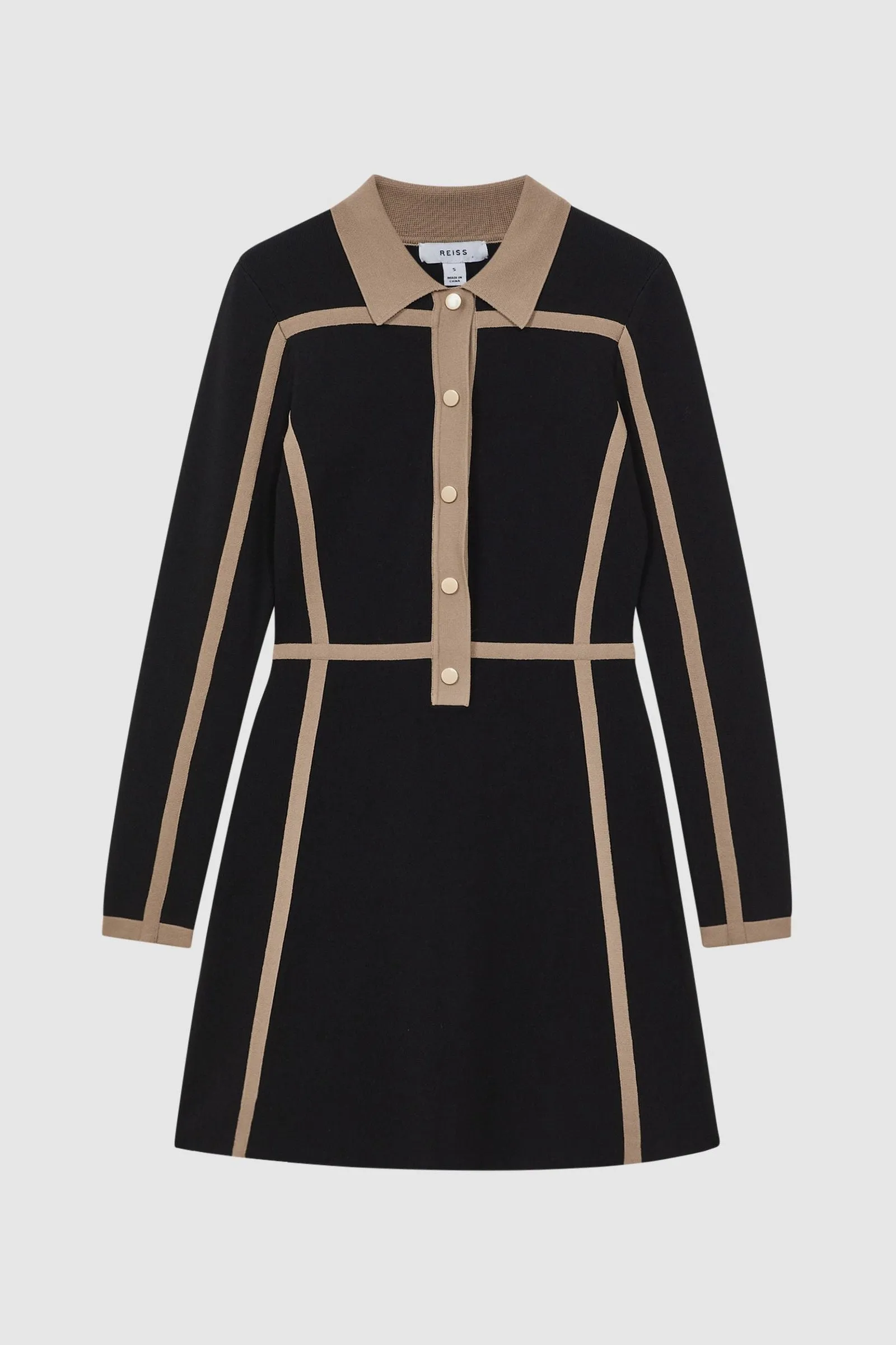 Contrast Trim Press-Stud Mini Dress in Black/Camel Gloria Lanvin