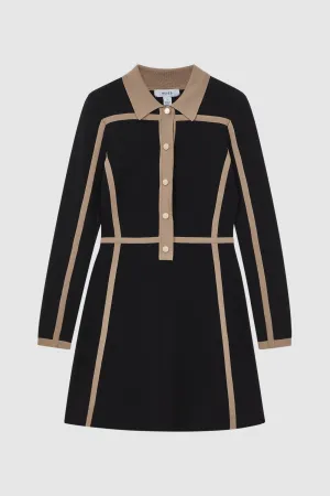 Contrast Trim Press-Stud Mini Dress in Black/Camel Gloria Lanvin