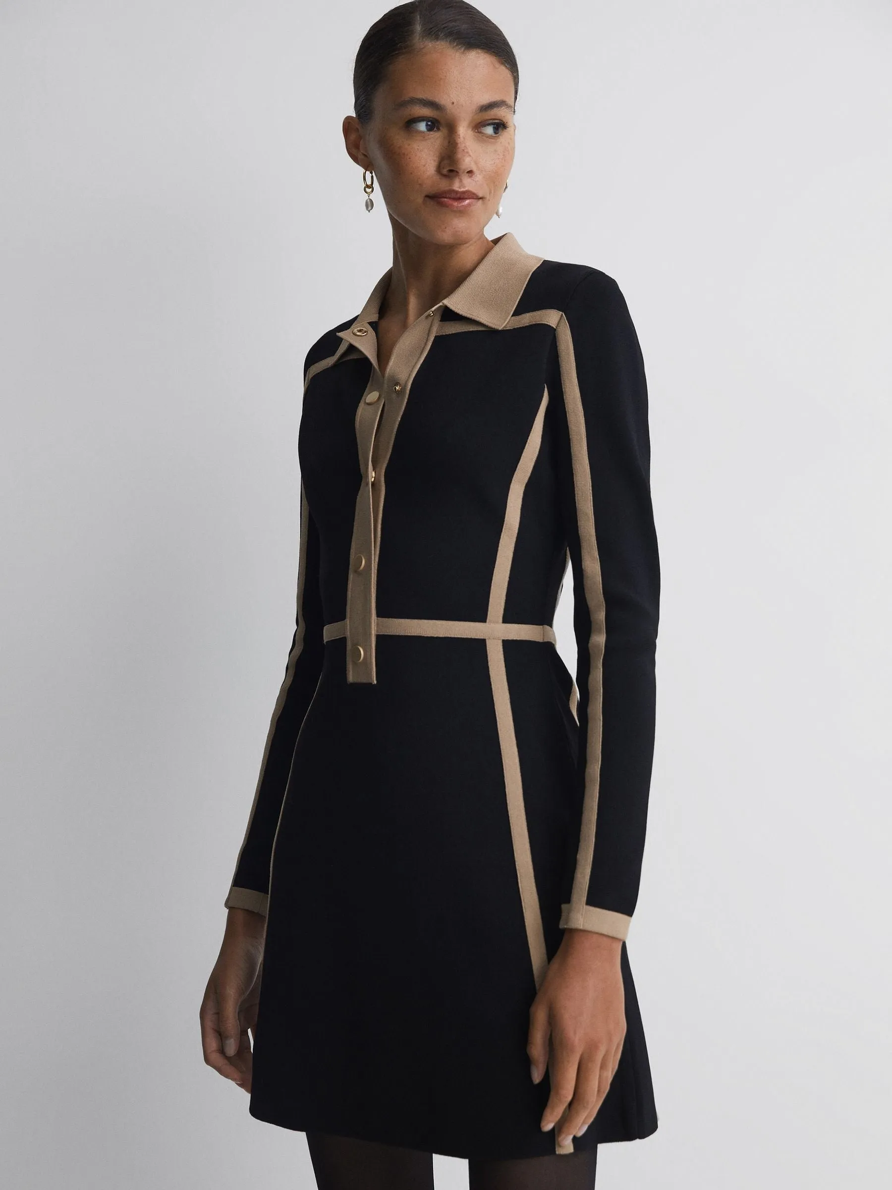 Contrast Trim Press-Stud Mini Dress in Black/Camel Gloria Lanvin