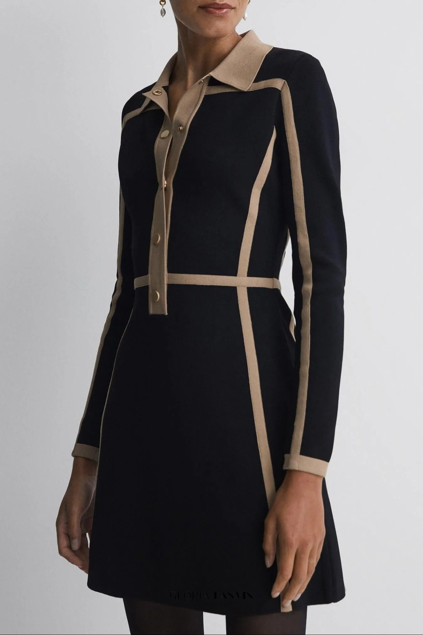 Contrast Trim Press-Stud Mini Dress in Black/Camel Gloria Lanvin