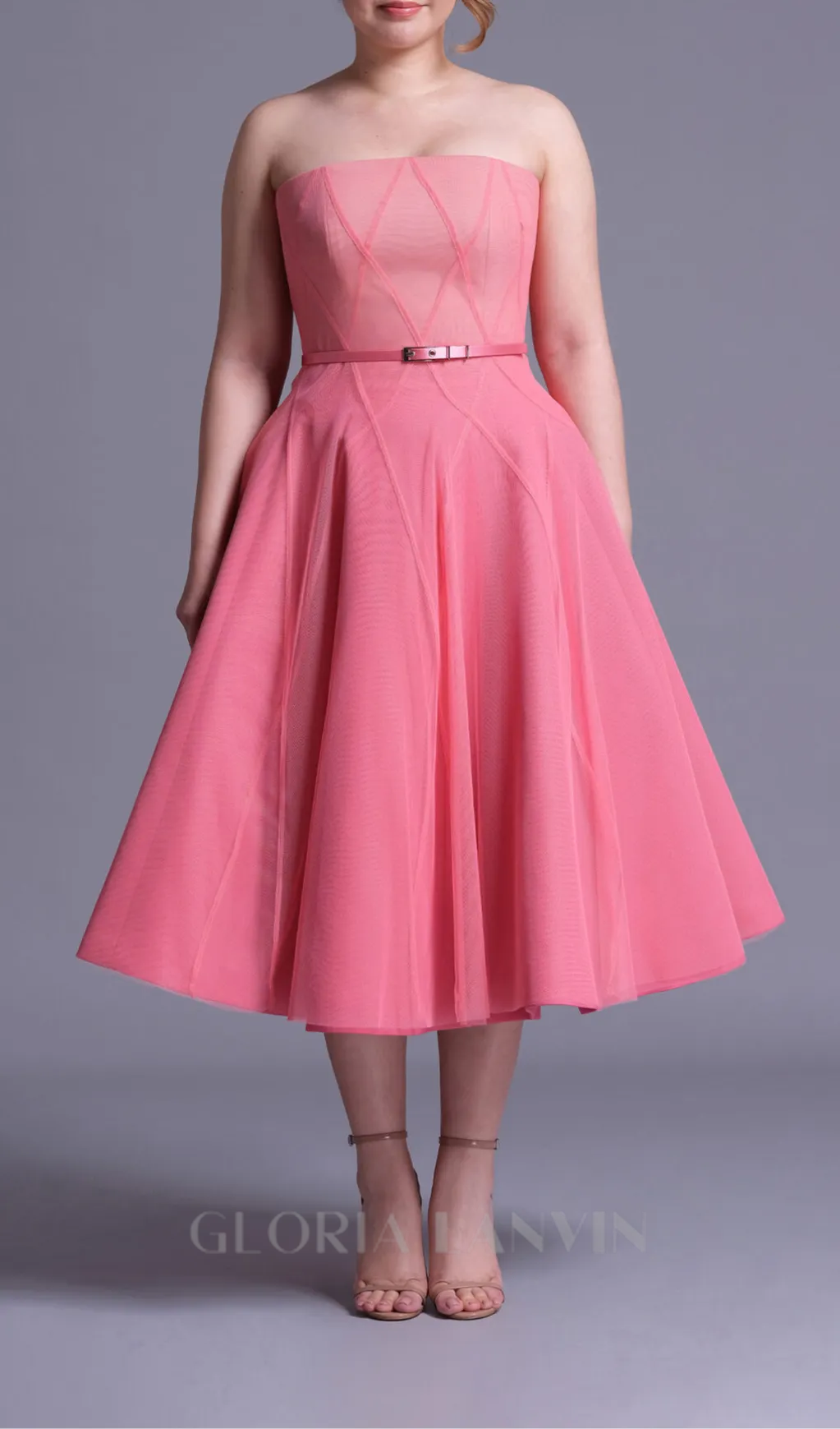 CORAL PINK OMBRE SOFT NET MIDI DRESS Gloria Lanvin