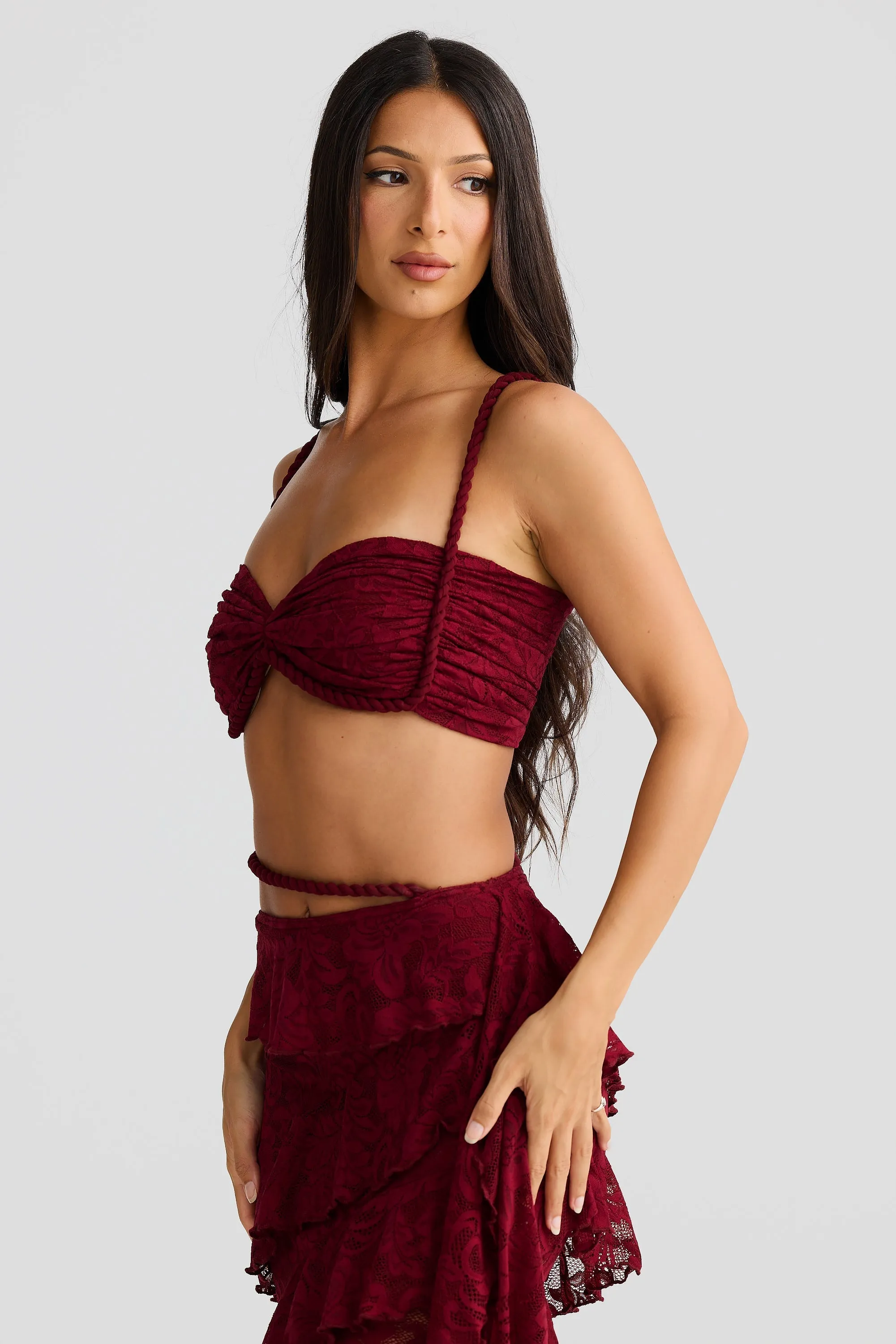 crafted rope crop top  lace skirt set in burgundy Gloria Lanvin