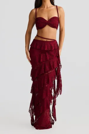 crafted rope crop top  lace skirt set in burgundy Gloria Lanvin