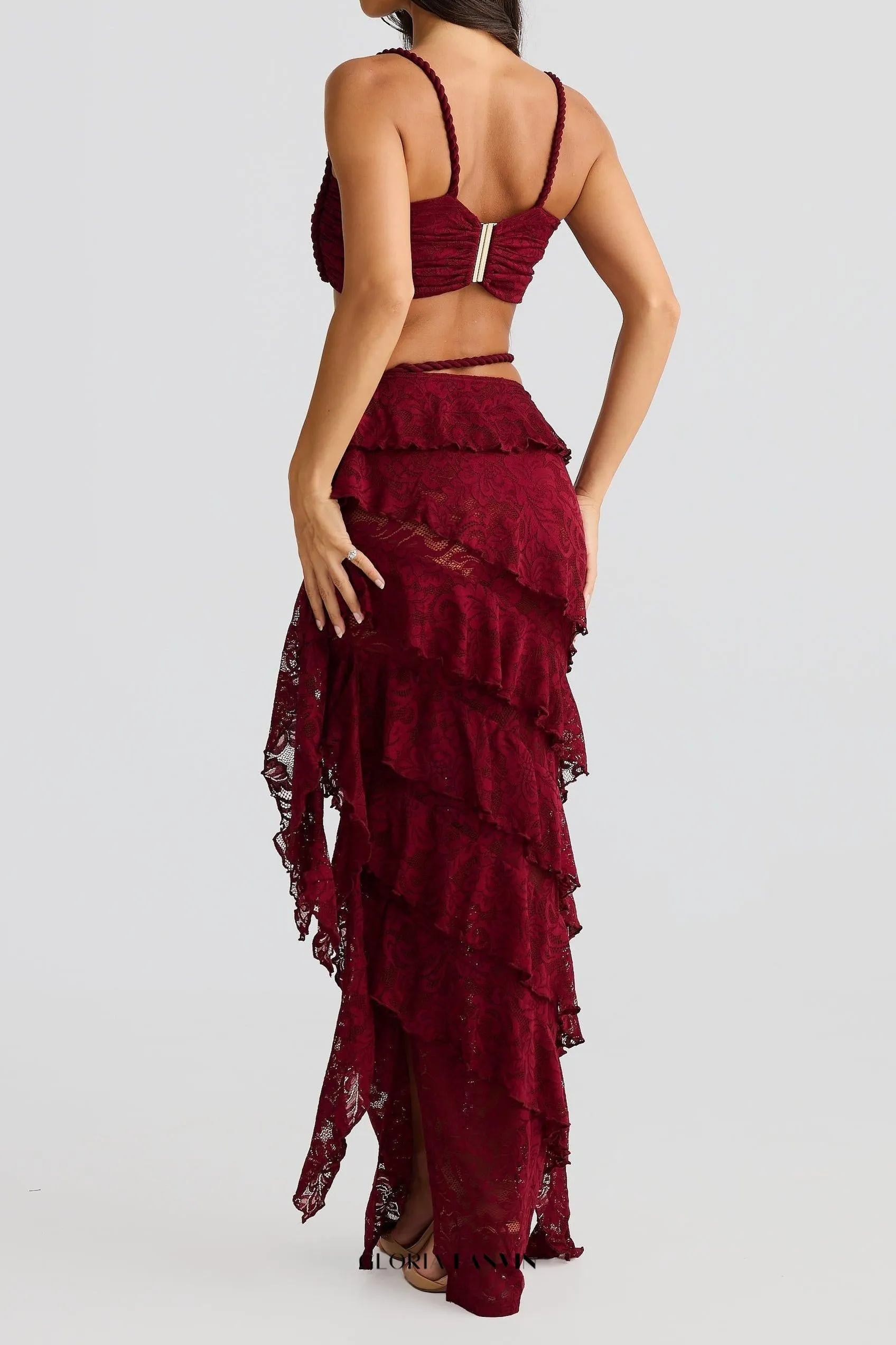 crafted rope crop top  lace skirt set in burgundy Gloria Lanvin