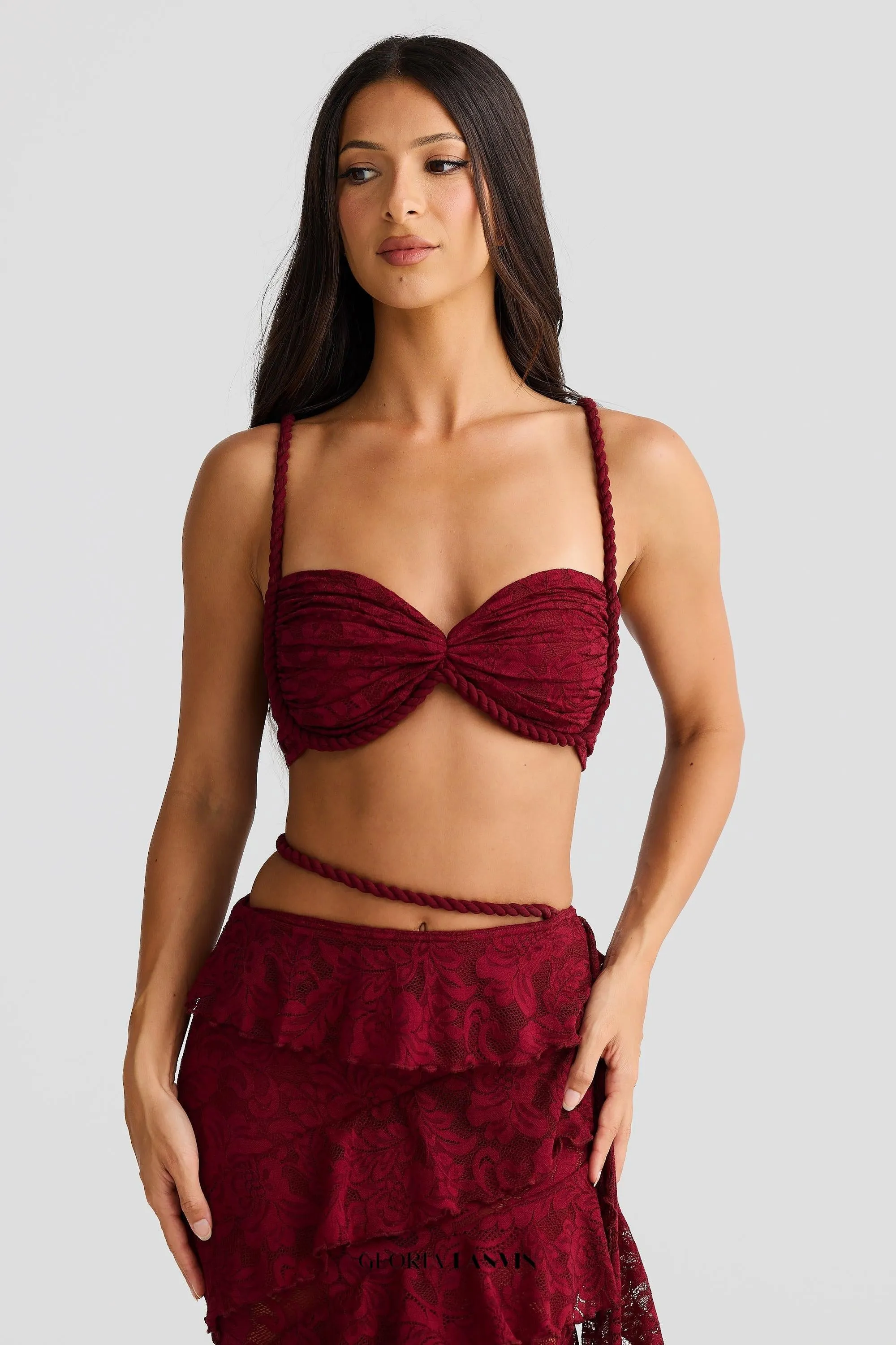 crafted rope crop top  lace skirt set in burgundy Gloria Lanvin