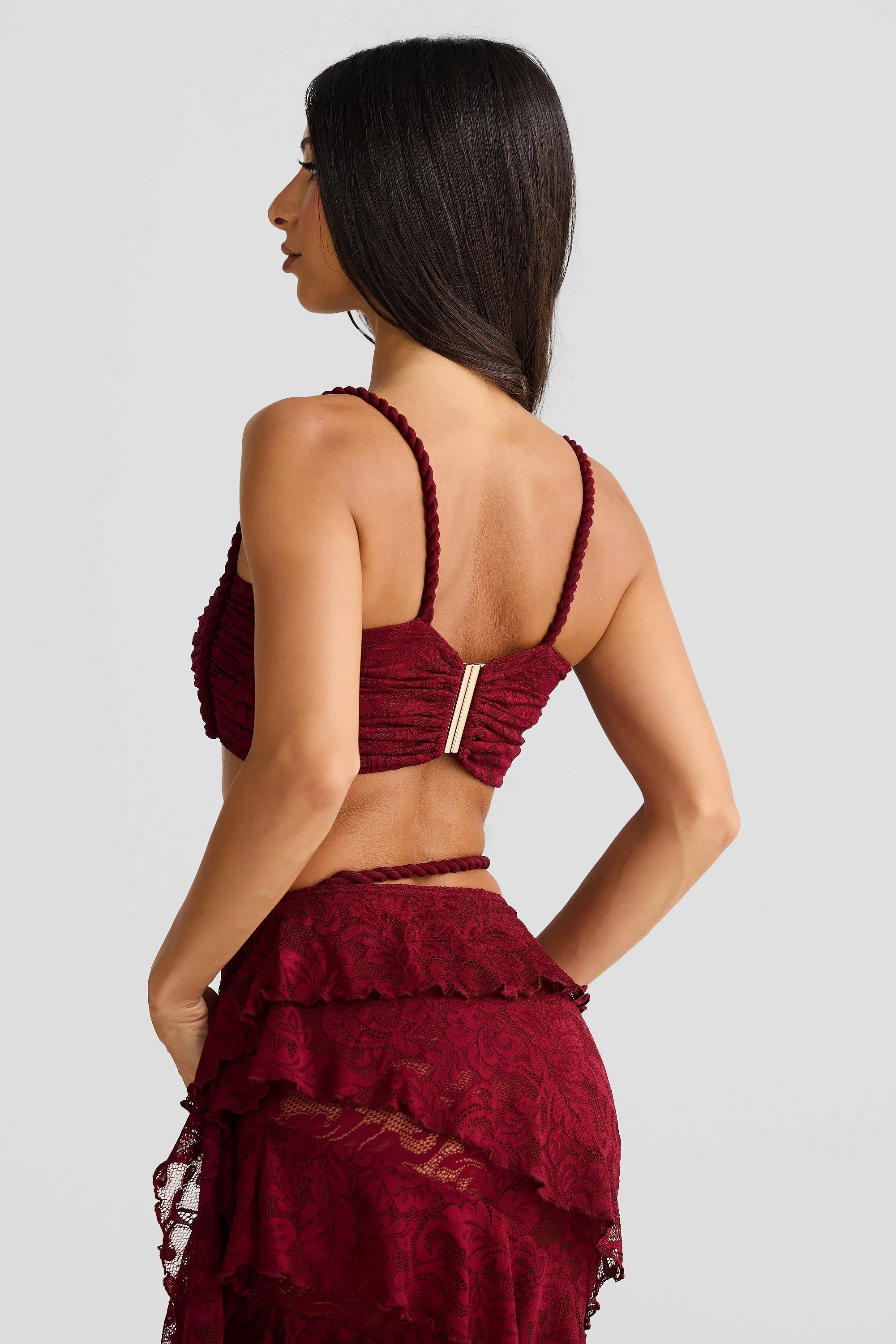 crafted rope crop top  lace skirt set in burgundy Gloria Lanvin