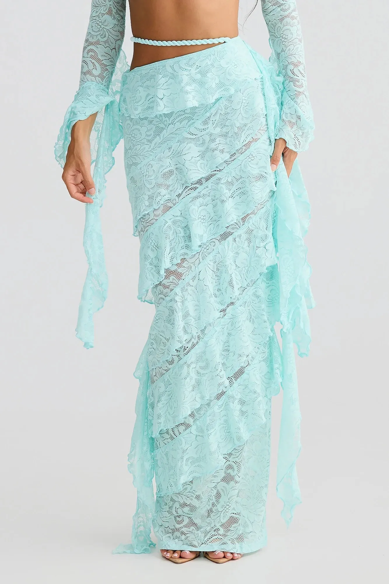 crafted rope crop top  lace skirt set in pale blue Gloria Lanvin