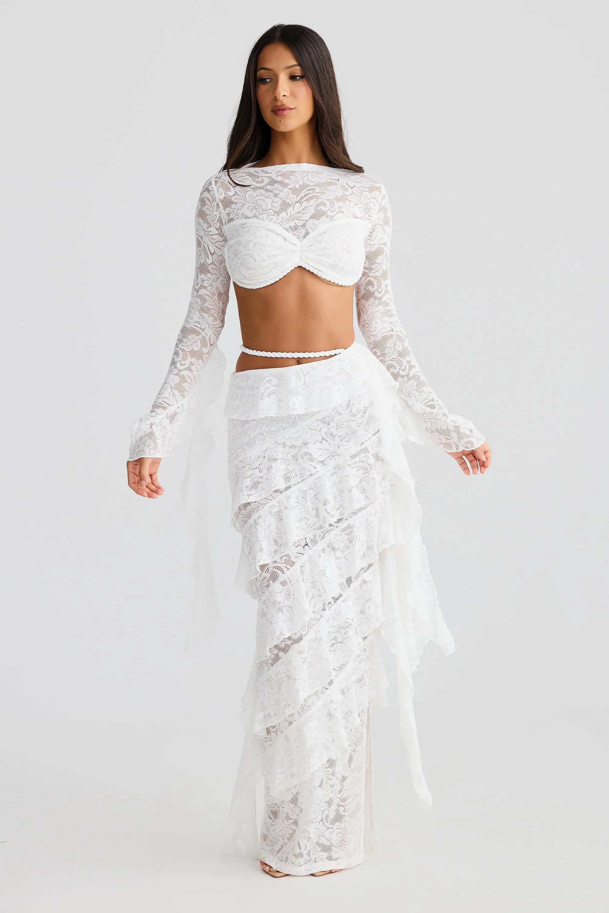 crafted rope crop top  lace skirt set in white Gloria Lanvin