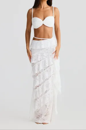 crafted rope crop top  lace skirt set in white Gloria Lanvin