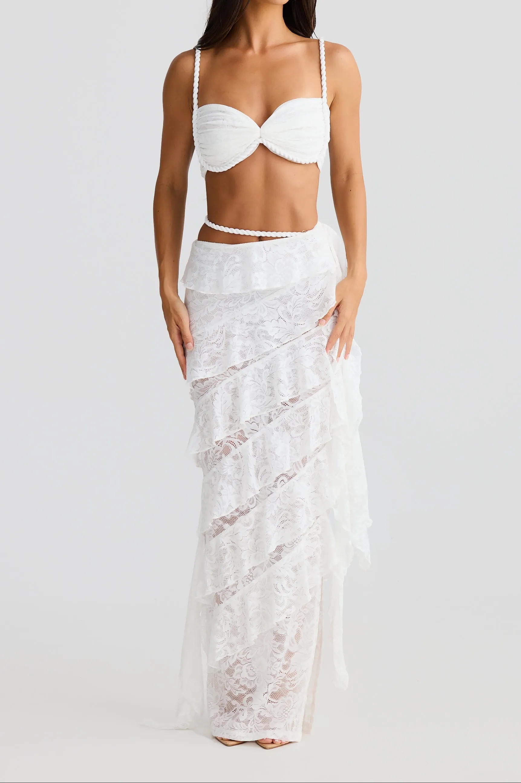 crafted rope crop top  lace skirt set in white Gloria Lanvin