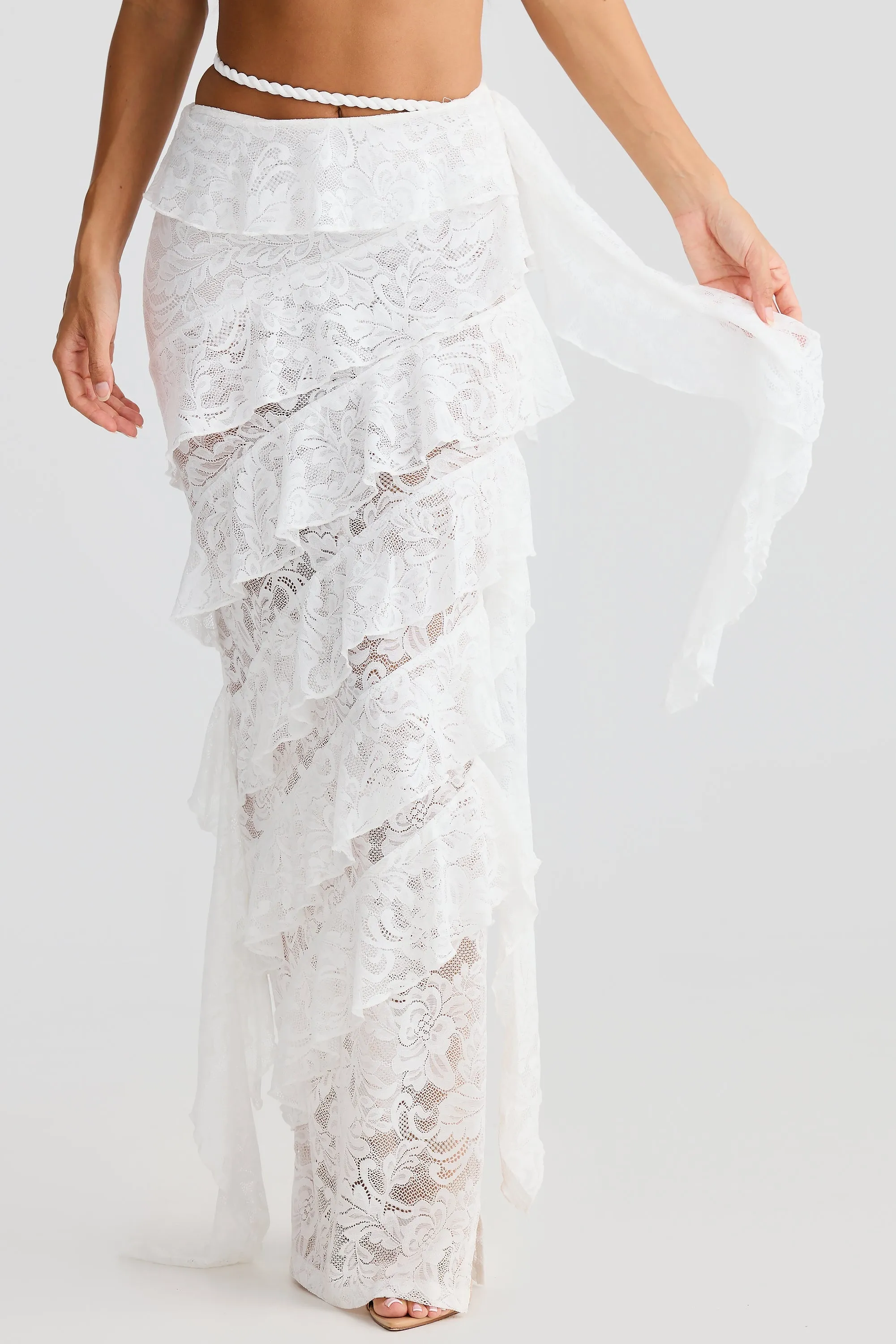 crafted rope crop top  lace skirt set in white Gloria Lanvin